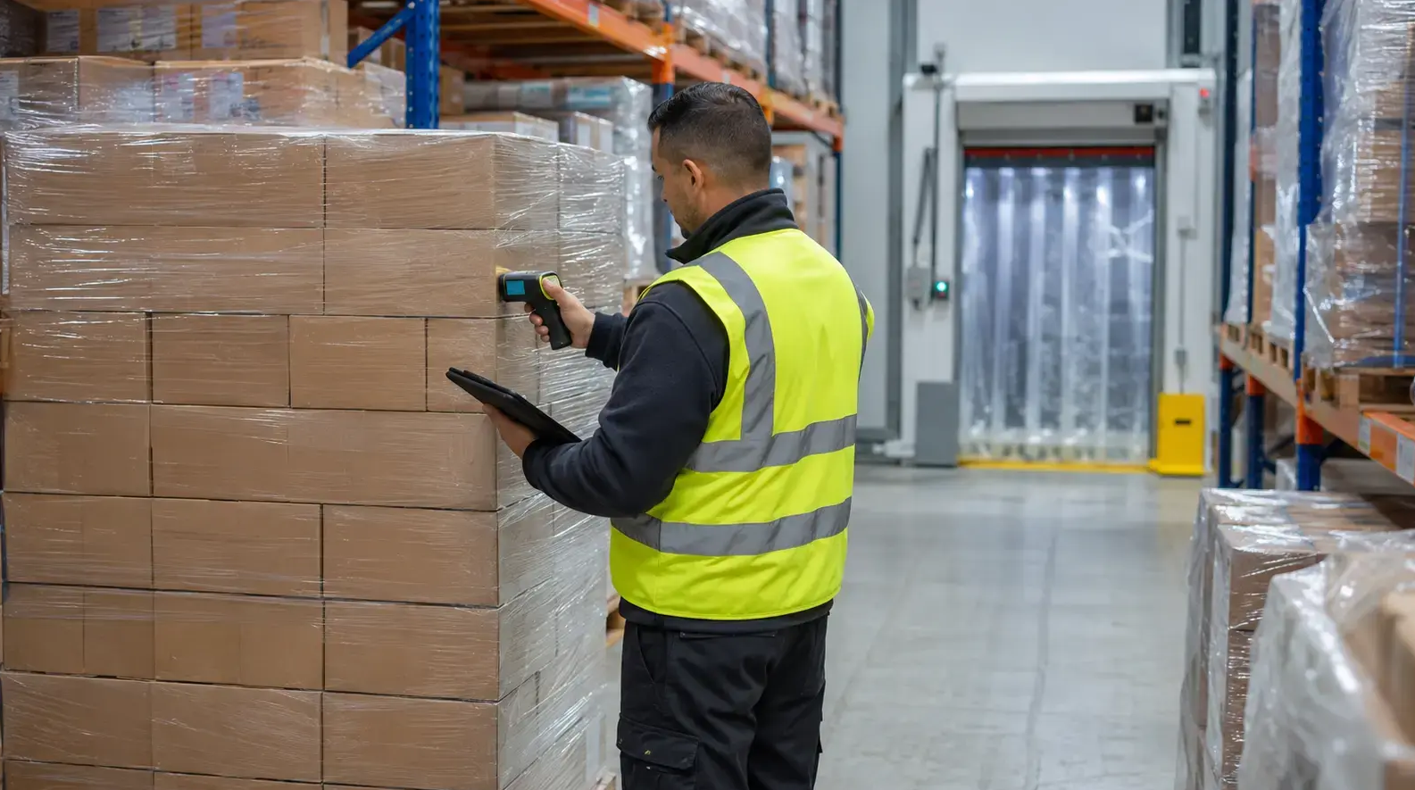 Warehouse worker using a barcode scanner beside a laptop and inventory monitor in a warehouse.