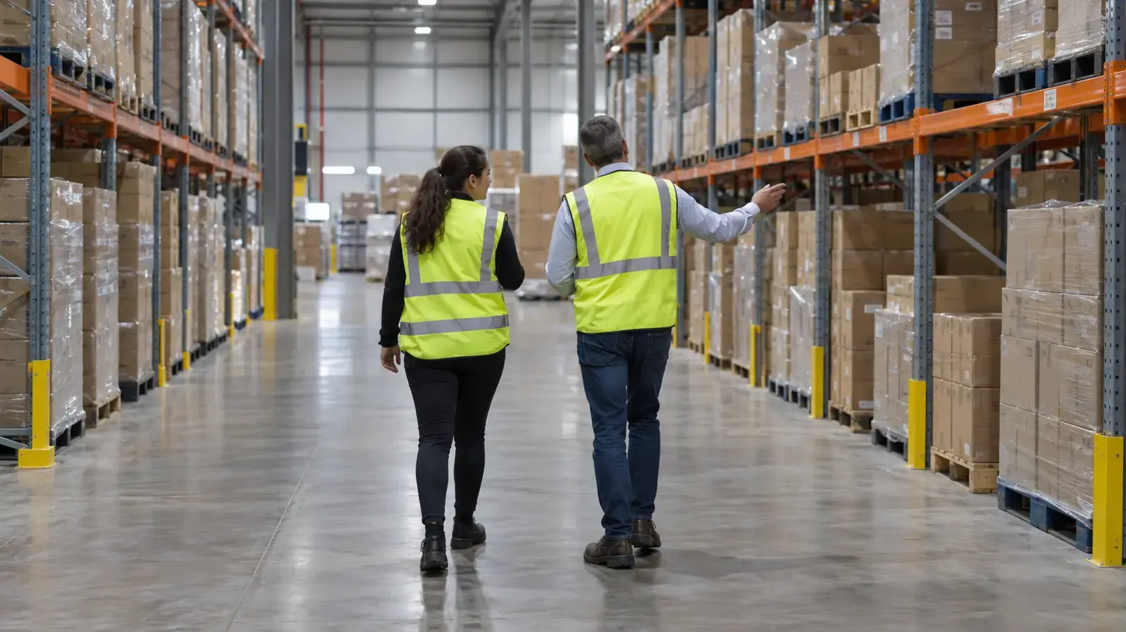Two people in high-visibility vests walk between racks of palletised cartons, with one pointing towards the stored stock.