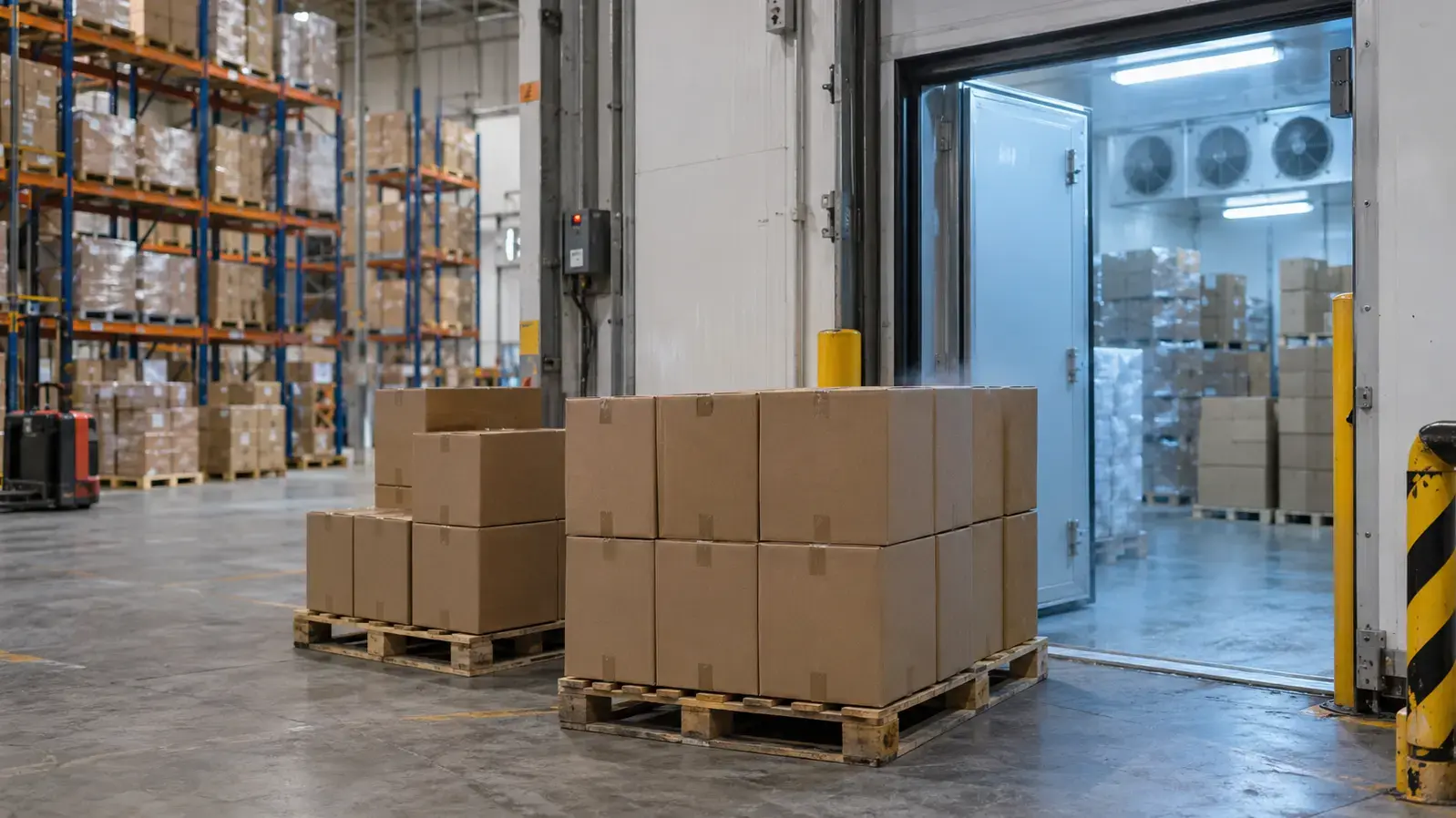 Palletised cartons beside an open refrigerated storage zone, with ambient warehouse racking visible in the background.